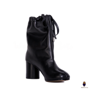 WoodchuckSato Tabi Drawstring Ankle Boots Black Cow Leather 8cm Heel