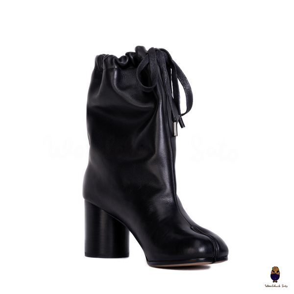 WoodchuckSato Tabi Drawstring Ankle Boots Black Cow Leather 8cm Heel