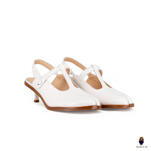 WoodchuckSato Tabi Split-Toe Slingback White Mary Jane Heels 5 cm Glossy Leather