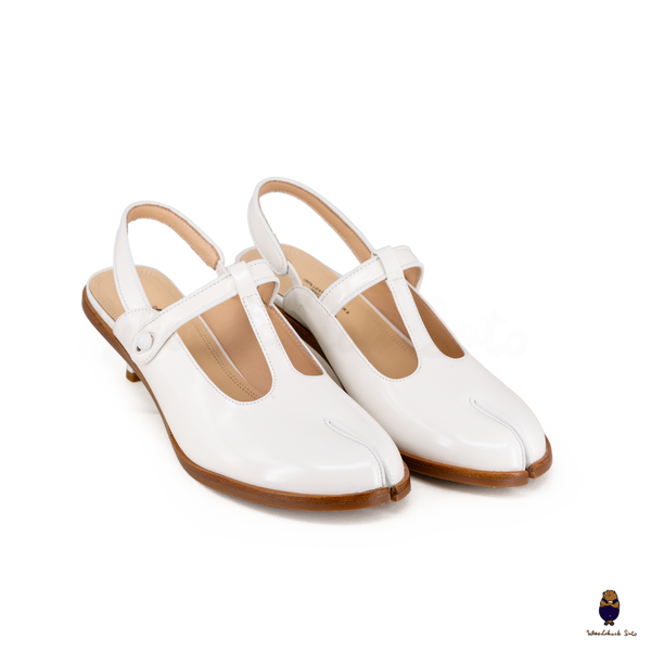 WoodchuckSato Tabi Split-Toe Slingback White Mary Jane Heels 5 cm Glossy Leather