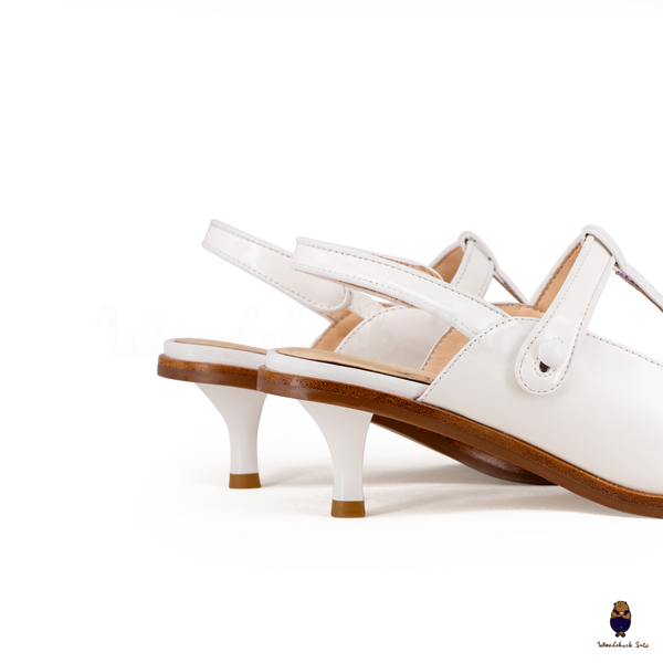 WoodchuckSato Tabi Split-Toe Slingback White Mary Jane Heels 5 cm Glossy Leather
