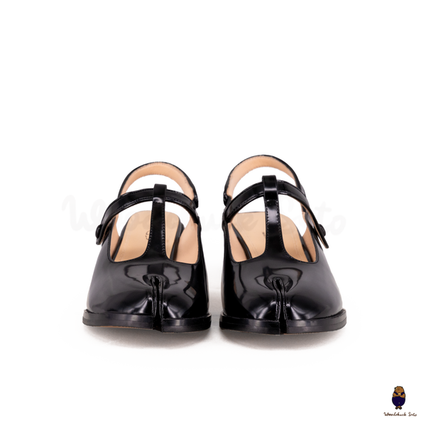 WoodchuckSato Tabi Split-Toe Slingback Black Mary Jane Heels 5 cm Glossy Leather