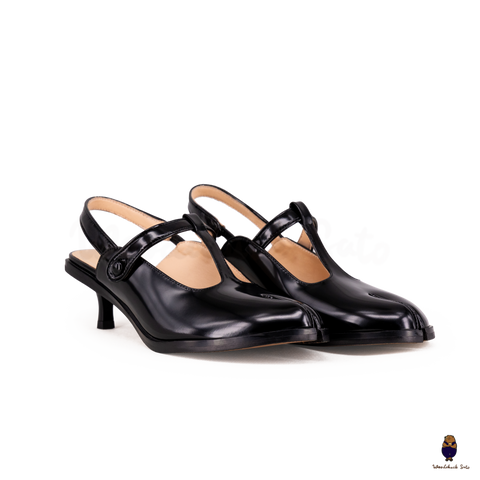 WoodchuckSato Tabi Split-Toe Slingback Black Mary Jane Heels 5 cm Glossy Leather