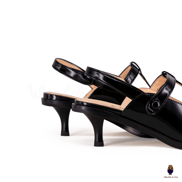 WoodchuckSato Tabi Split-Toe Slingback Black Mary Jane Heels 5 cm Glossy Leather