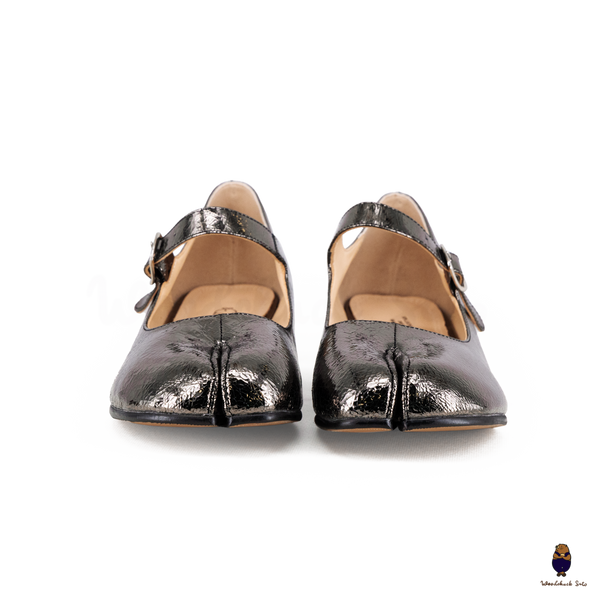 WoodChuckSato Women's Men's Cracked Metallic Tabi Split-Toe Leather Mary Jane Shoes with 3cm Heel & Adjustable Strap Sizes EU 35-41