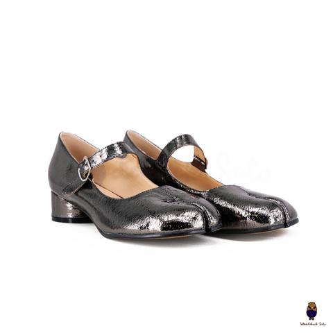 WoodChuckSato Women's Men's Cracked Metallic Tabi Split-Toe Leather Mary Jane Shoes with 3cm Heel & Adjustable Strap Sizes EU 35-41