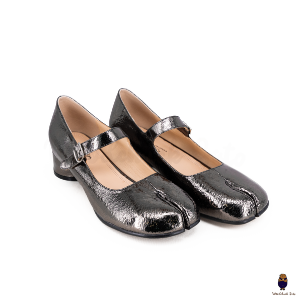 WoodChuckSato Women's Men's Cracked Metallic Tabi Split-Toe Leather Mary Jane Shoes with 3cm Heel & Adjustable Strap Sizes EU 35-41