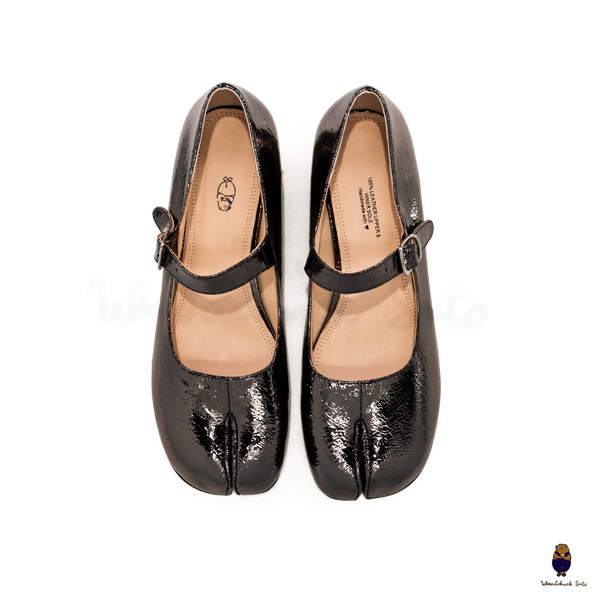 WoodChuckSato Women's Men's Cracked Metallic Tabi Split-Toe Leather Mary Jane Shoes with 3cm Heel & Adjustable Strap Sizes EU 35-41