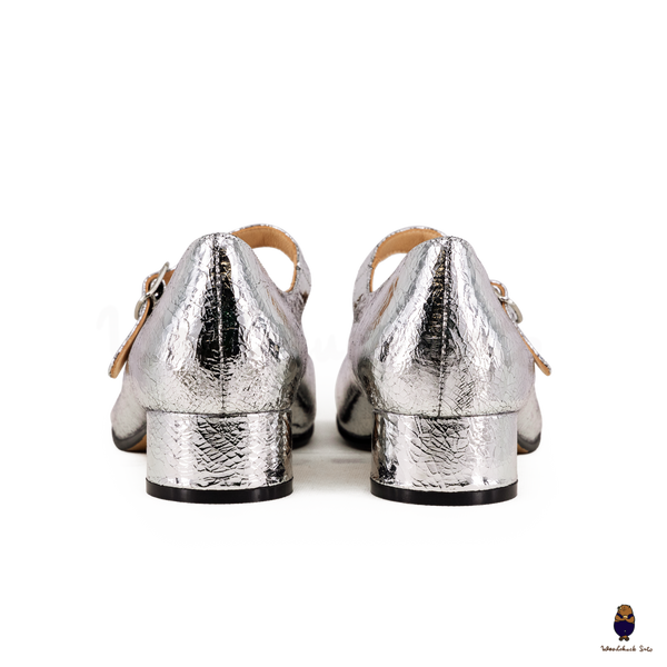 WoodChuckSato Damen- und Herren-Mary-Jane-Schuhe „Tabi Split-Toe“ aus Schafsleder in rissigem Silber mit 3 cm Absatz und verstellbarem Riemen, Größen EU 35–41