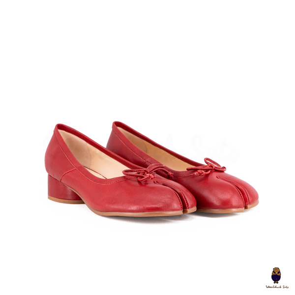 WoodChuckSato Women's Red Tabi Split-Toe Sheep Leather Mary Jane Shoes with 3cm Heel & Bow Sizes EU 35-45