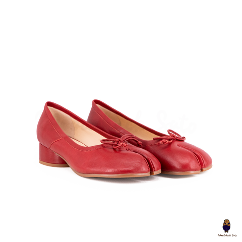 WoodChuckSato Women's Red Tabi Split-Toe Sheep Leather Mary Jane Shoes with 3cm Heel & Bow Sizes EU 35-45