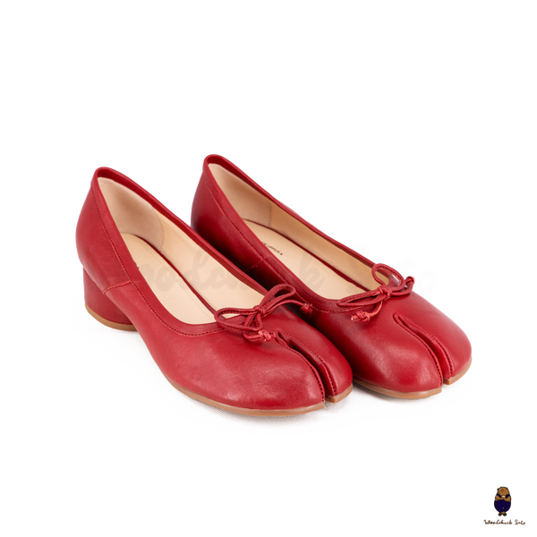 WoodChuckSato Women's Red Tabi Split-Toe Sheep Leather Mary Jane Shoes with 3cm Heel & Bow Sizes EU 35-45