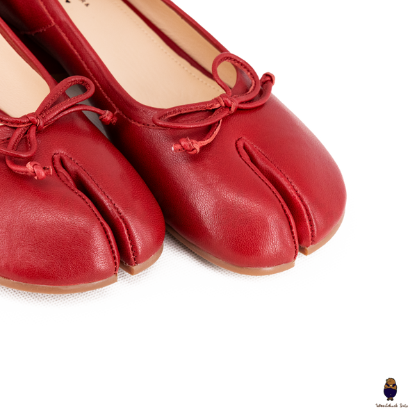 WoodChuckSato Women's Red Tabi Split-Toe Sheep Leather Mary Jane Shoes with 3cm Heel & Bow Sizes EU 35-45