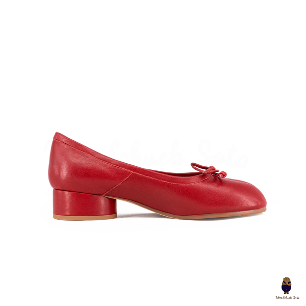 WoodChuckSato Women's Red Tabi Split-Toe Sheep Leather Mary Jane Shoes with 3cm Heel & Bow Sizes EU 35-45