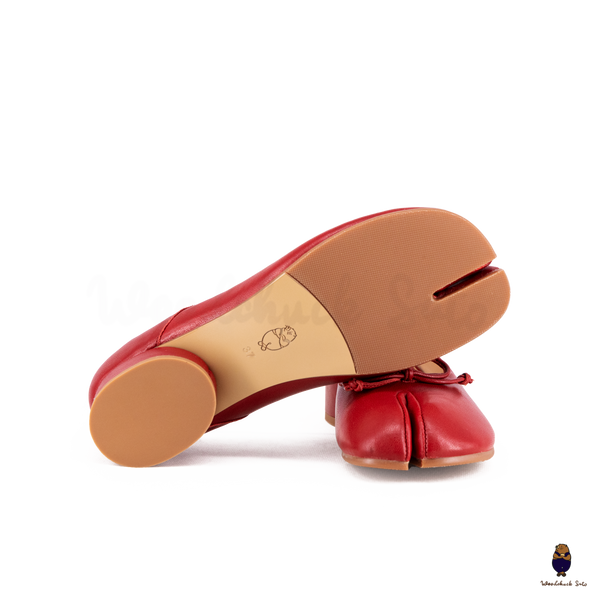 WoodChuckSato Women's Red Tabi Split-Toe Sheep Leather Mary Jane Shoes with 3cm Heel & Bow Sizes EU 35-45