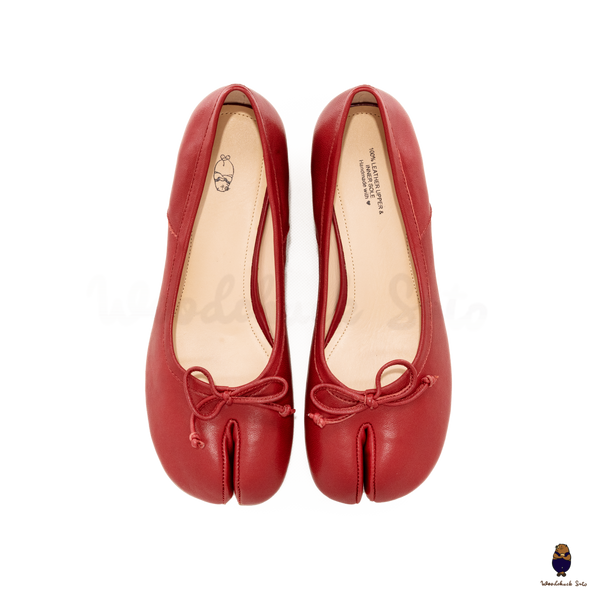 WoodChuckSato Women's Red Tabi Split-Toe Sheep Leather Mary Jane Shoes with 3cm Heel & Bow Sizes EU 35-45