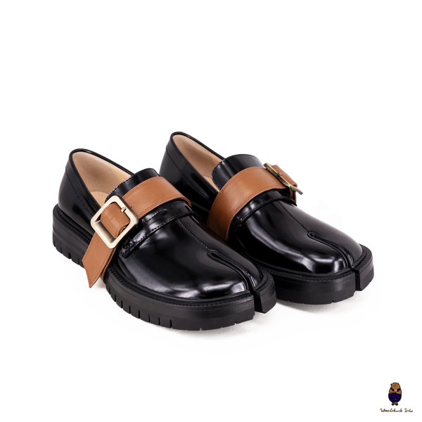 WoodChuckSato Women's Men's Black Tabi Split-Toe Cow Leather Loafers with Chunky Cleated Sole Detachabl Camel Brown Buckle Strap Sizes EU 35-47