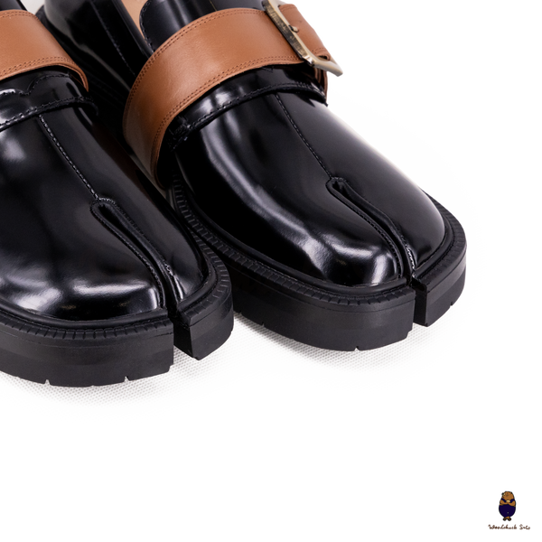 WoodChuckSato Women's Men's Black Tabi Split-Toe Cow Leather Loafers with Chunky Cleated Sole Detachabl Camel Brown Buckle Strap Sizes EU 35-47