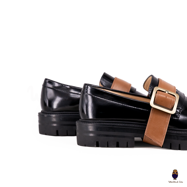 WoodChuckSato Women's Men's Black Tabi Split-Toe Cow Leather Loafers with Chunky Cleated Sole Detachabl Camel Brown Buckle Strap Sizes EU 35-47