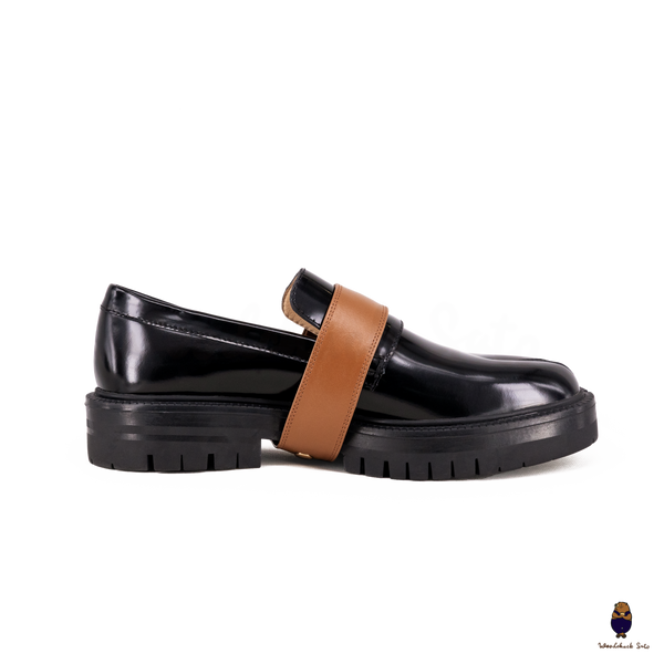 WoodChuckSato Women's Men's Black Tabi Split-Toe Cow Leather Loafers with Chunky Cleated Sole Detachabl Camel Brown Buckle Strap Sizes EU 35-47