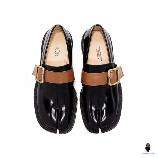 WoodChuckSato Women's Men's Black Tabi Split-Toe Cow Leather Loafers with Chunky Cleated Sole Detachabl Camel Brown Buckle Strap Sizes EU 35-47