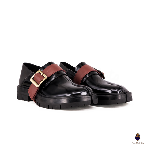 WoodchuckSato Tabi Loafers – Glossy Black Split-Toe Leather with Chunky Sole & Burgundy Buckled Strap