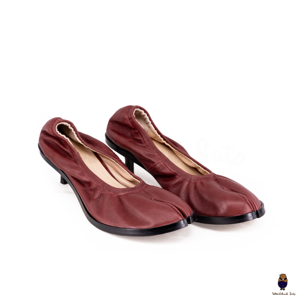 WoodchuckSato Burgundy Leather Tabi Pumps with Elasticized Top 4.5cm Flared Heel