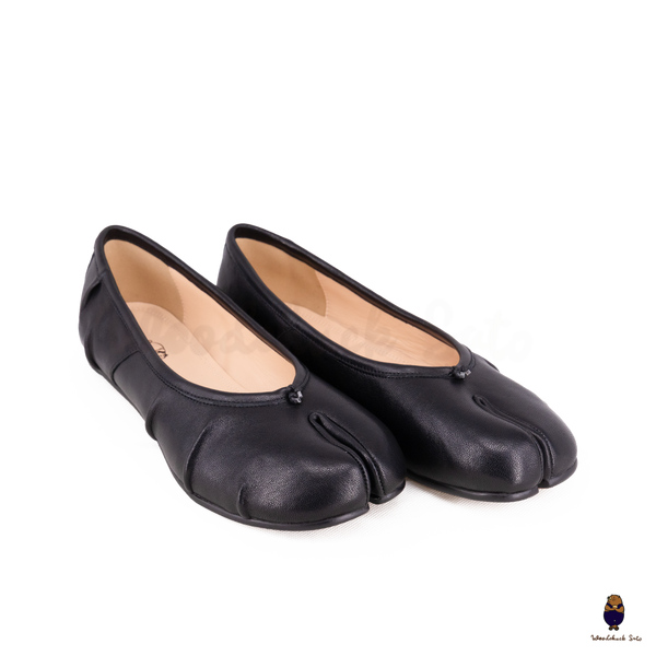 WoodChuckSato Damen- und Herren-Ballerinas Tabi Split-Toe „Distressed“ aus Leder in Schwarz, Größen EU 35–45