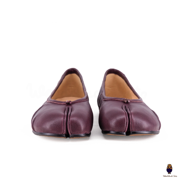 WoodchuckSato Burgundy Leather Tabi Ballet Flats with Ruched
