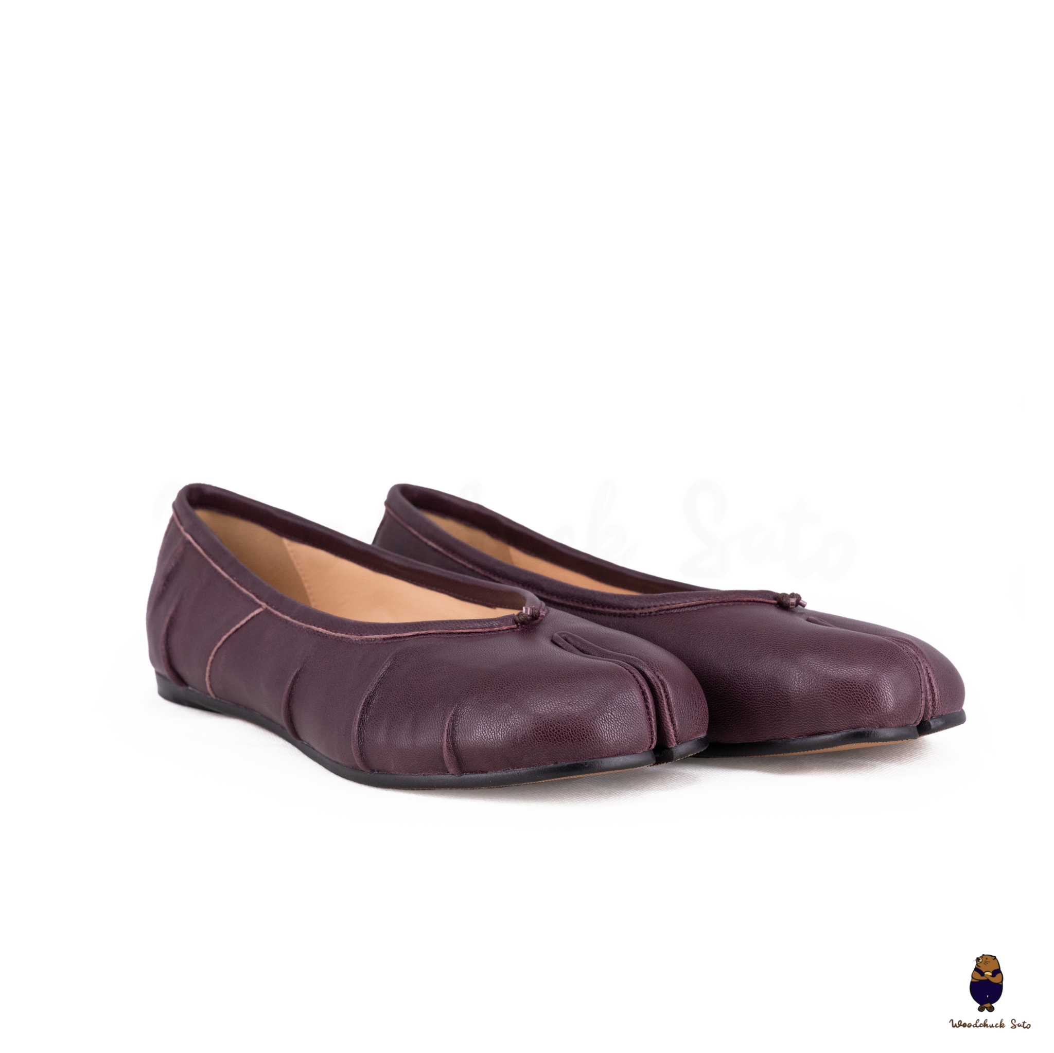 WoodchuckSato Burgundy Leather Tabi Ballet Flats with Ruched