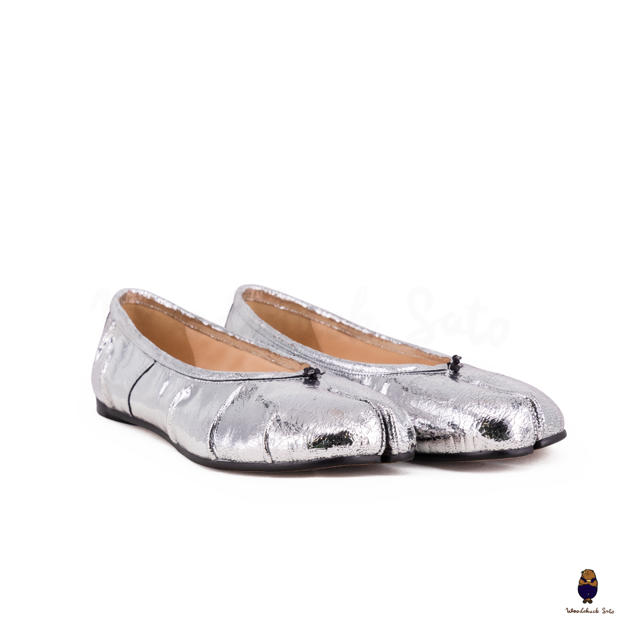 WoodChuckSato Ballerine da Uomo in Pelle Cracked Argento Tabi con Punta Divisa in Pelle "Invecchiata" Taglie EU 35-45