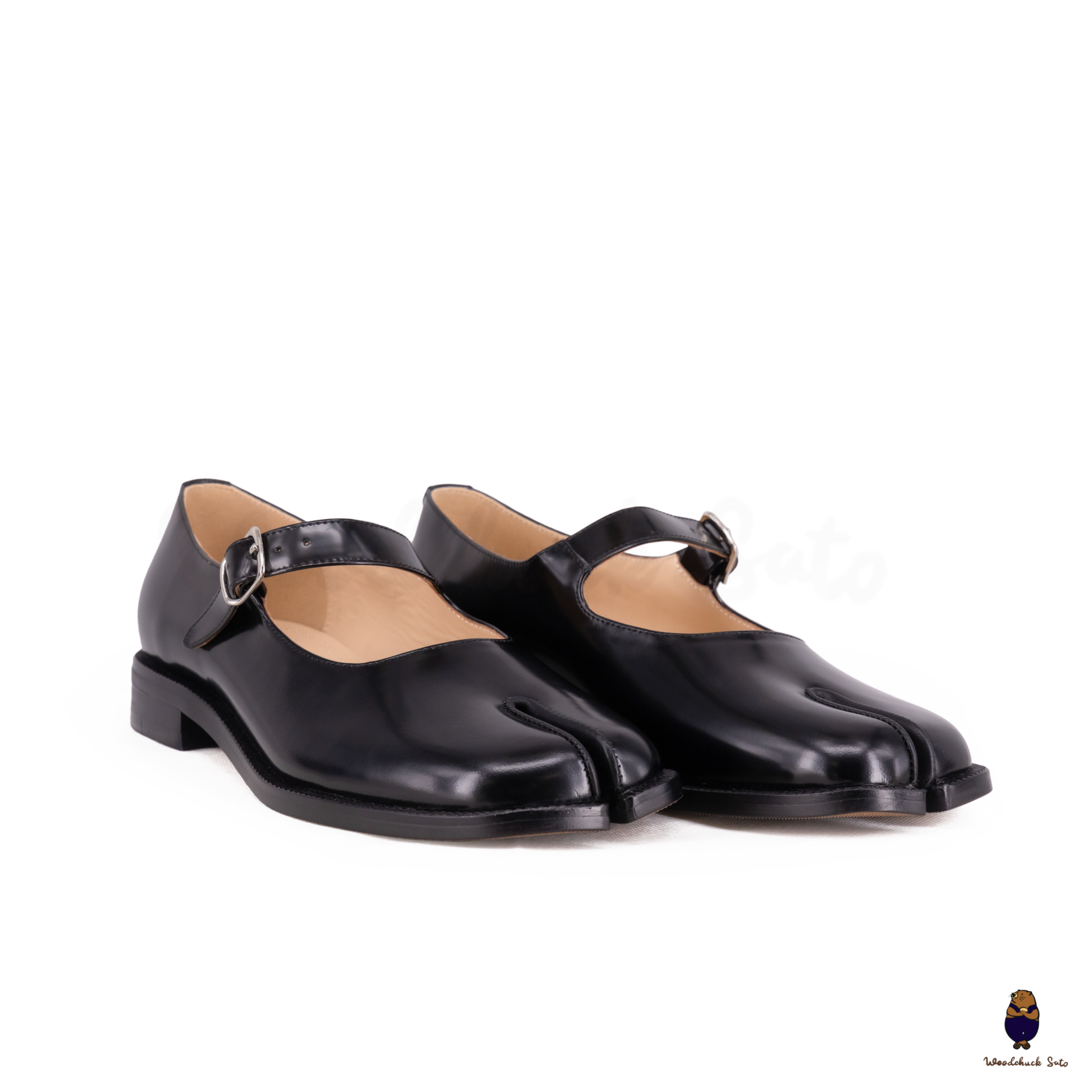 WoodchuckSato Black Edge-Beaded Leather Tabi Split Toe Mary Jane WoodchuckSato Black Edge-Beaded Leather Tabi Split Toe Mary Jane