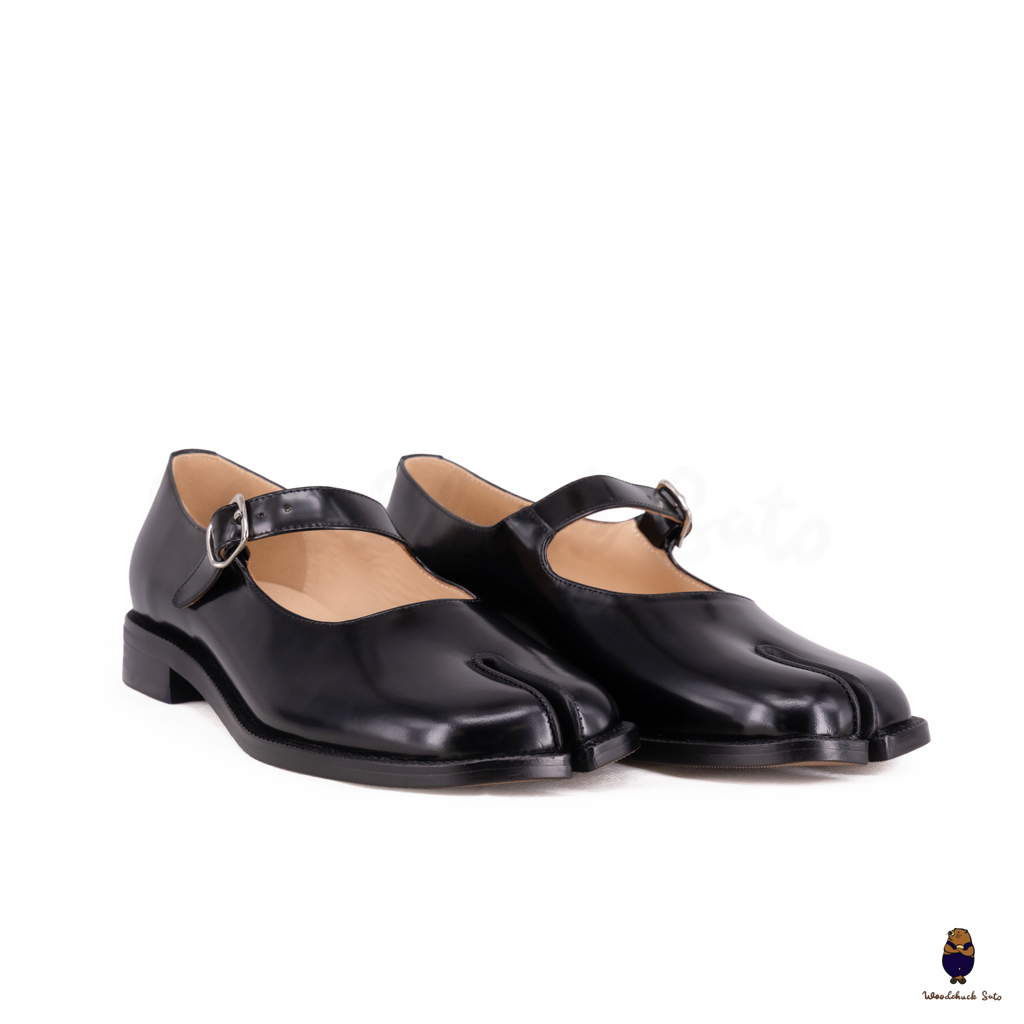 WoodchuckSato Black Edge-Beaded Cow Leather Tabi Mary Jane Shoes