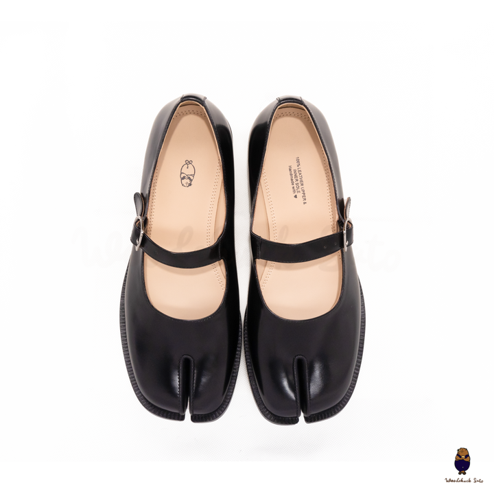 WoodChuckSato Zapatos planos Mary Jane de charol con punta dividida Tabi negro para hombre y mujer con correas de hebilla ajustables, tallas EU 35-47
