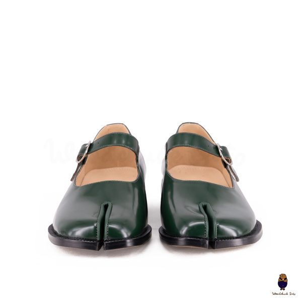 WoodChuckSato Women's Men's Green Tabi Split-Toe Patent Leather Mary Jane Flats with Adjustable Buckle Straps Sizes EU 35-47