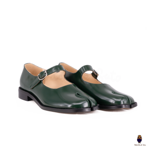 WoodChuckSato Women's Men's Green Tabi Split-Toe Patent Leather Mary Jane Flats with Adjustable Buckle Straps Sizes EU 35-47