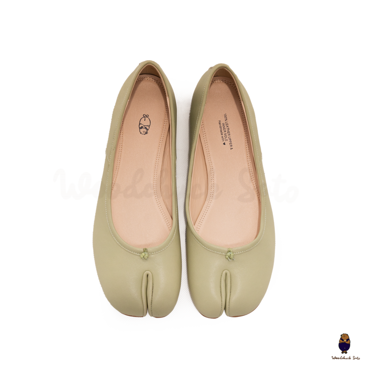 WoodChuckSato Hellgrüne Tabi-Ballerinas mit geteilter Zehenpartie aus Schafsleder für Damen und Herren, Größen EU 35–45