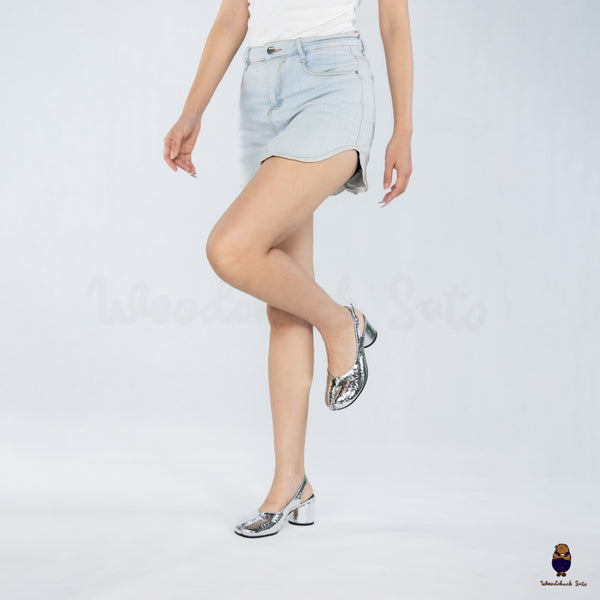 WoodchuckSato Silver Crackled Leather Tabi Slingback Heels