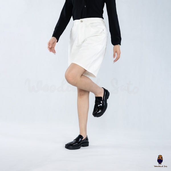 WoodchuckSato Black Fold-Heel Edge-Beaded Cowhide Leather Tabi Loafers with Removable Blue Strap and Chunky Sole