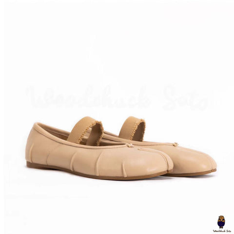 WoodChuckSato Women's Men's Beige Tabi Split-Toe "Distressed" Leather Ballet Flats with Elastic Band Sizes EU 35-45