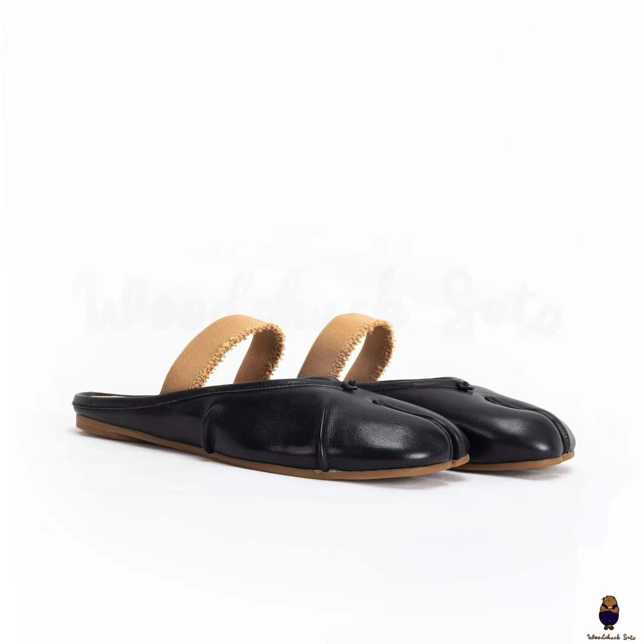 WoodChuckSato Women's Men's Black Tabi Split-Toe "Distressed" Leather Ballet Mule Shoes with Elastic Band Sizes EU 35-45