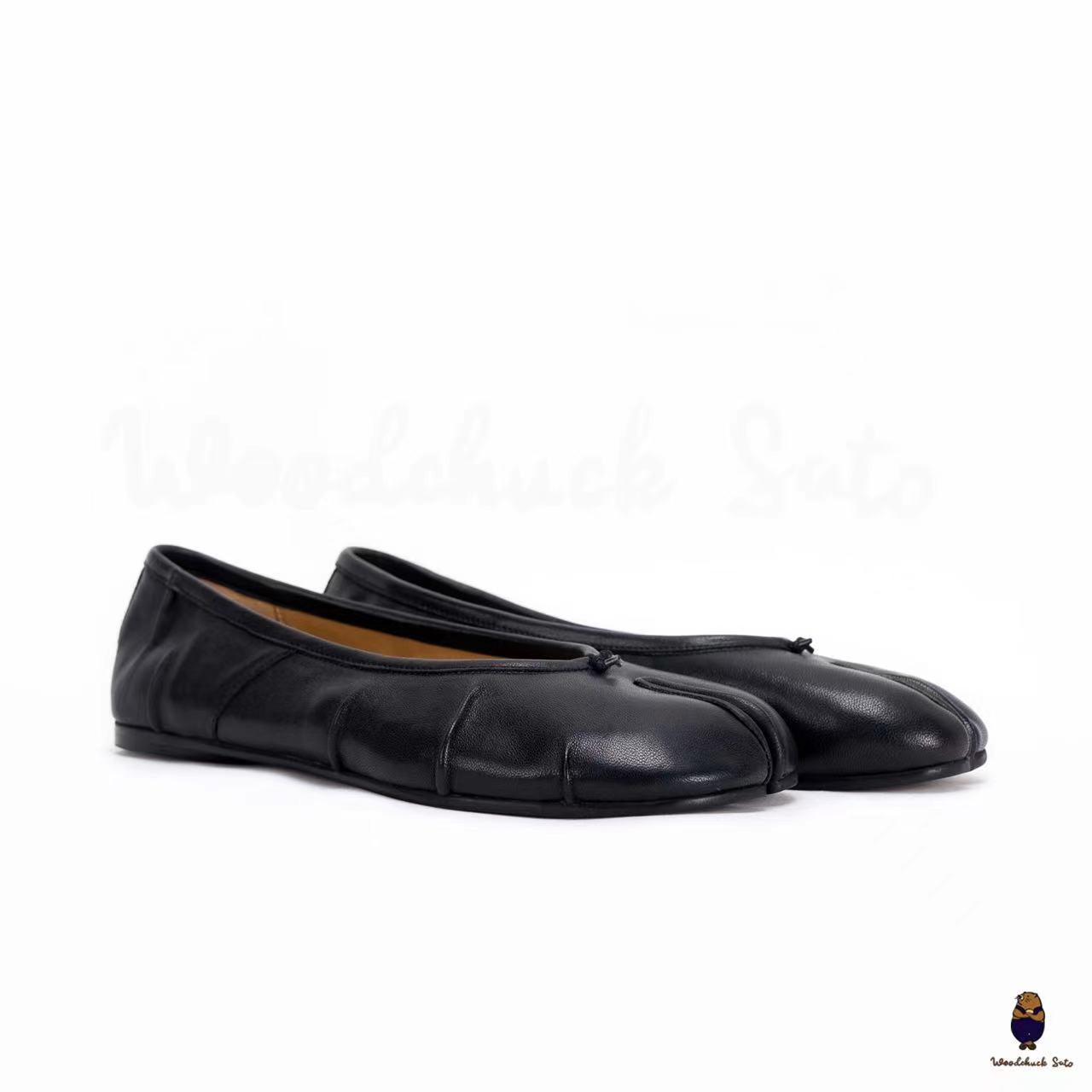 WoodChuckSato Women's Men's Black Tabi Split-Toe "Distressed" Leather Ballet Flats Sizes EU 35-45