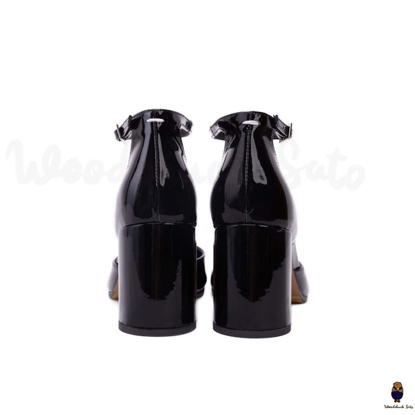 Zapatos de tacón WoodChuckSato Tabi negros con diseño hueco de cuero y punta dividida, tacón de 8 cm y correa ajustable en el tobillo, tallas EU 35-41