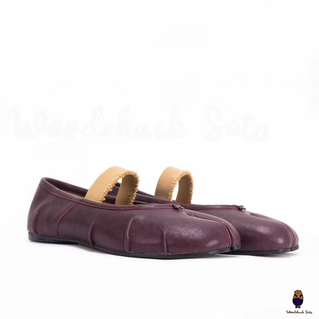 WoodChuckSato Damen- und Herren-Ballerinas Tabi Split-Toe „Distressed“ aus Leder in Burgunderrot mit elastischem Band, Größen EU 35–45