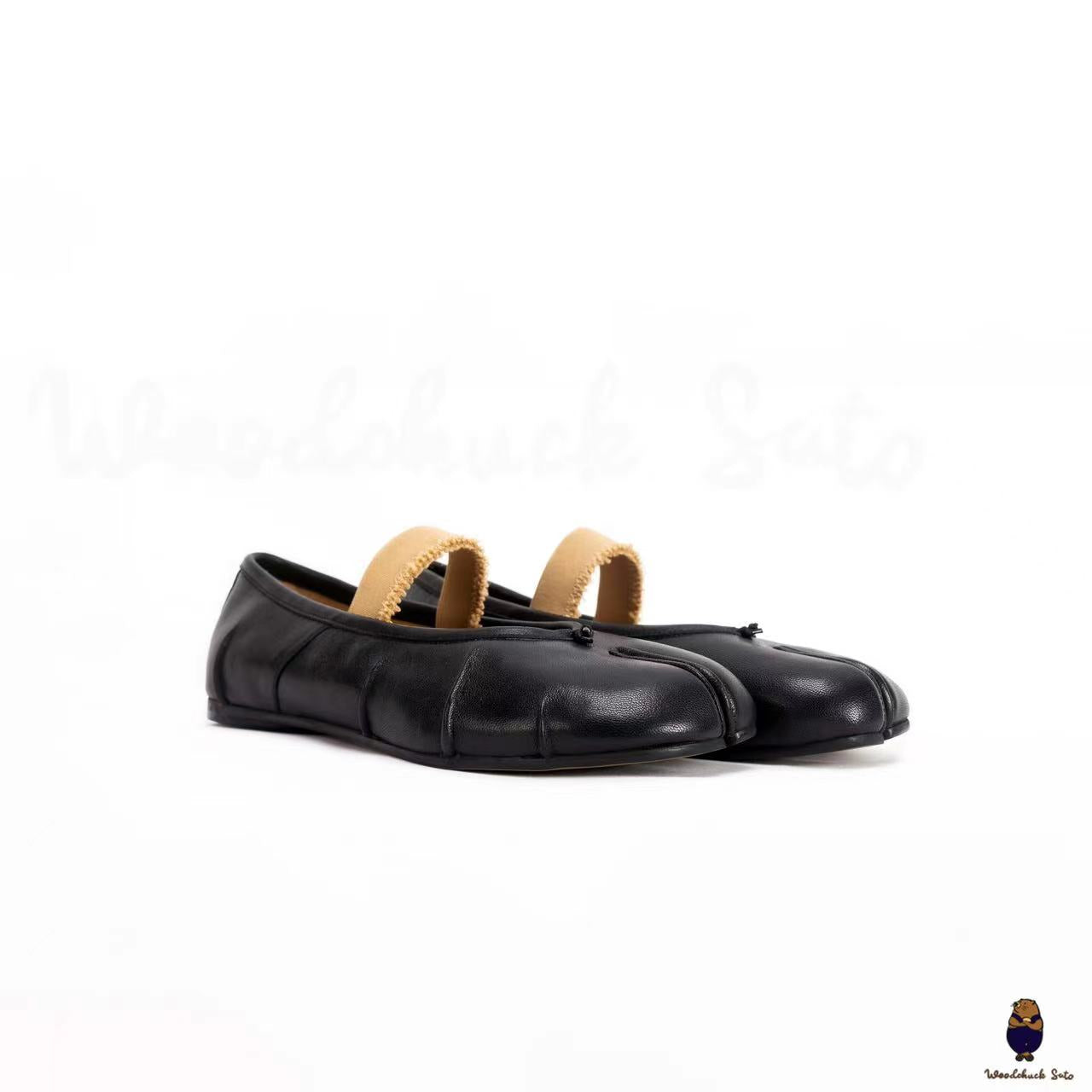 WoodChuckSato Ballerine Tabi da Uomo in Pelle Nera con Punta Divisa "Invecchiata" da Donna con Fascia Elastica Taglie EU 35-45