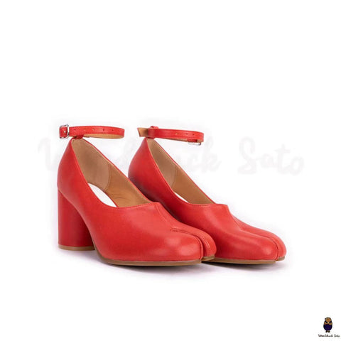 WoodChuckSato Bright Red Tabi Split-Toe Leather Mary Jane Pumps with 8cm Heels & Ankle Strap Buckle Sizes EU 35-41
