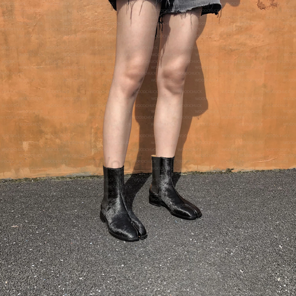 WoodChuckSato Damen Herren schwarze Tabi Split-Toe Rindsleder Pferdehaar elastische Stiefel Größen EU 35-47