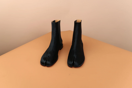 WoodChuckSato Damen Herren schwarze Tabi Split-Toe Rindsleder Pferdehaar elastische Stiefel Größen EU 35-47