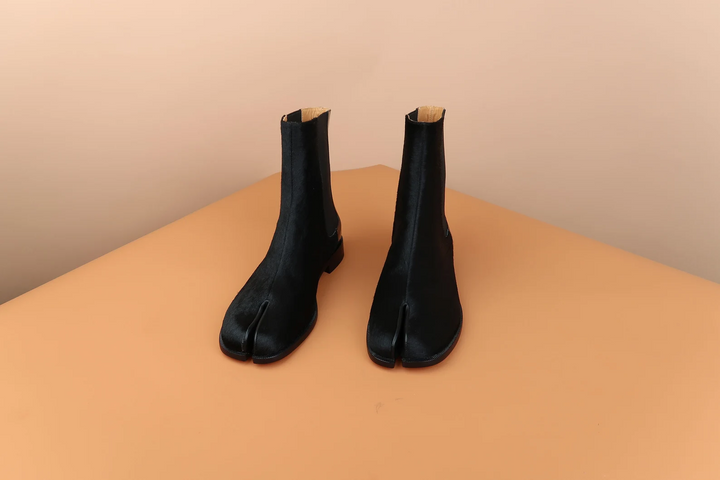 WoodChuckSato Damen Herren schwarze Tabi Split-Toe Rindsleder Pferdehaar elastische Stiefel Größen EU 35-47