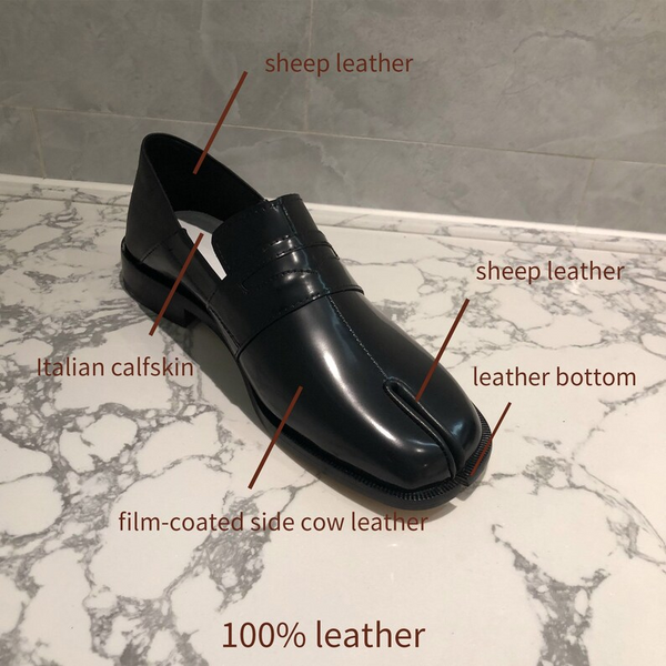 WoodChuckSato Women's Men's Vintage Black Tabi Split-Toe Cow Leather Flat Shoes Sizes EU 35-47